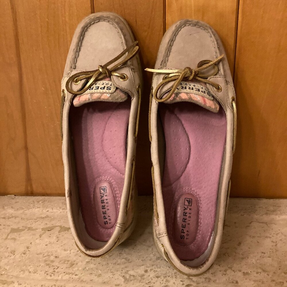 Sperry Top Sider Slip On Pink Flannel Gold Monogram Sequin